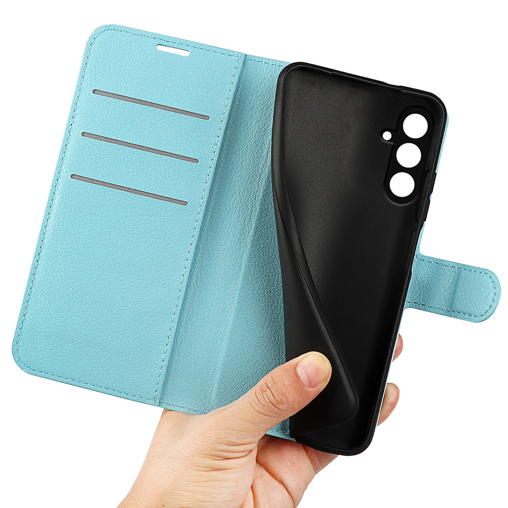 For Samsung Galaxy F34 5G / M34 5G Phone Case Anti-Scratch Stand PU Leather Wallet Litchi Texture Protective Cover - Blue