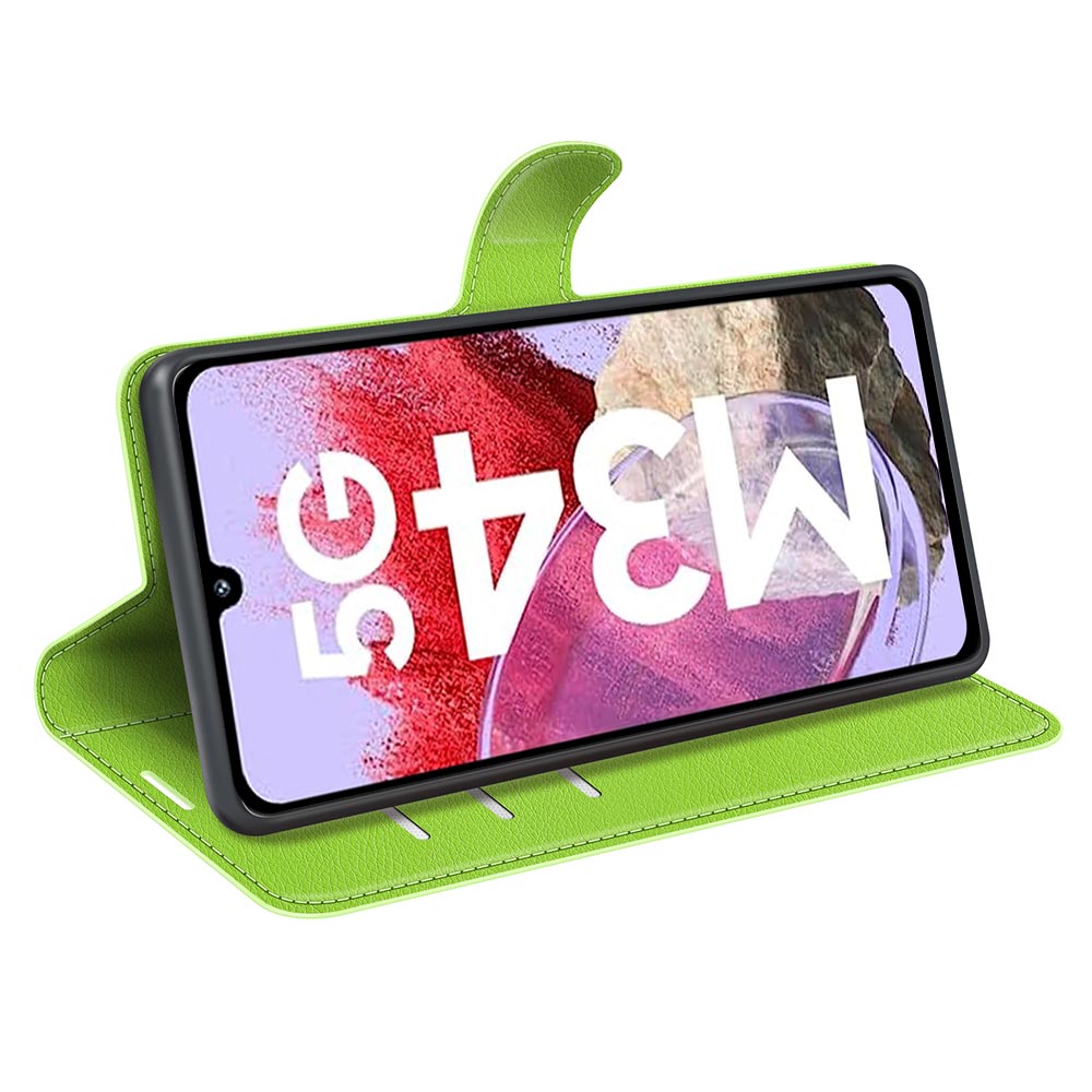 For Samsung Galaxy F34 5G / M34 5G Phone Case Anti-Scratch Stand PU Leather Wallet Litchi Texture Protective Cover - Green