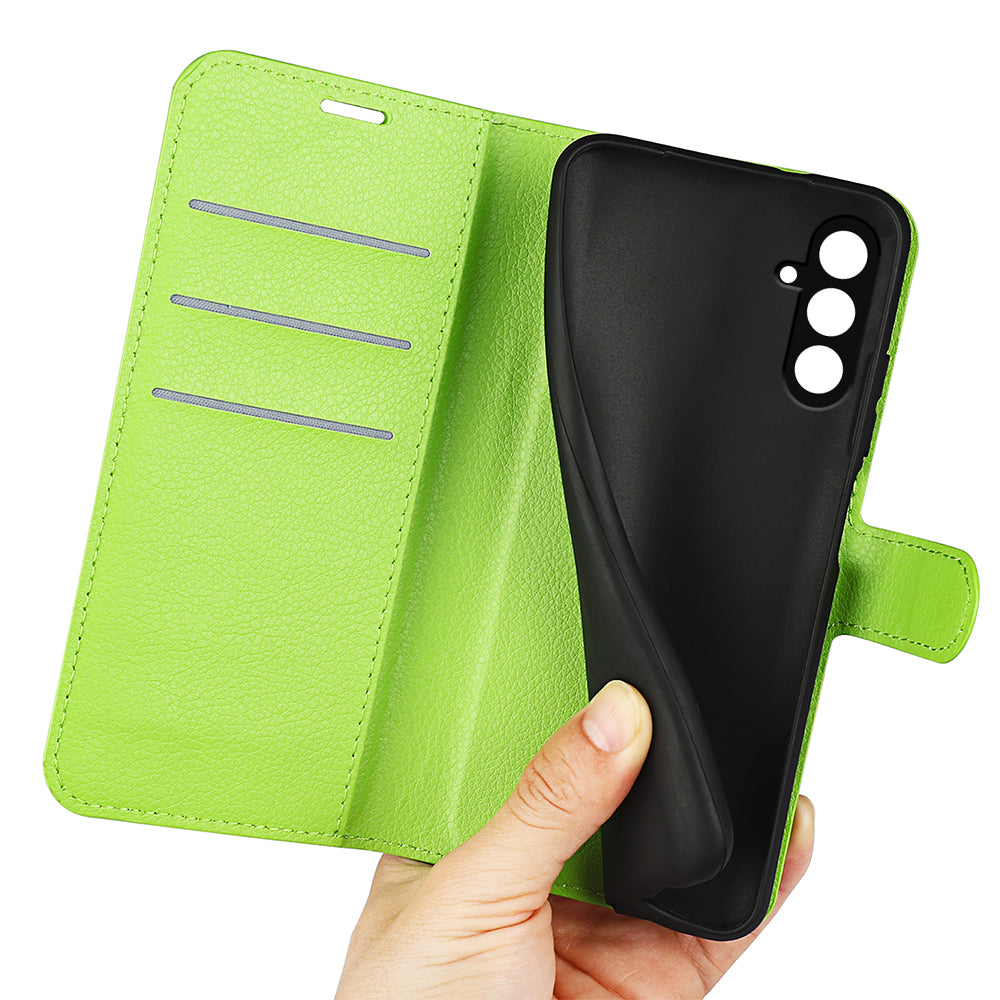 For Samsung Galaxy F34 5G / M34 5G Phone Case Anti-Scratch Stand PU Leather Wallet Litchi Texture Protective Cover - Green