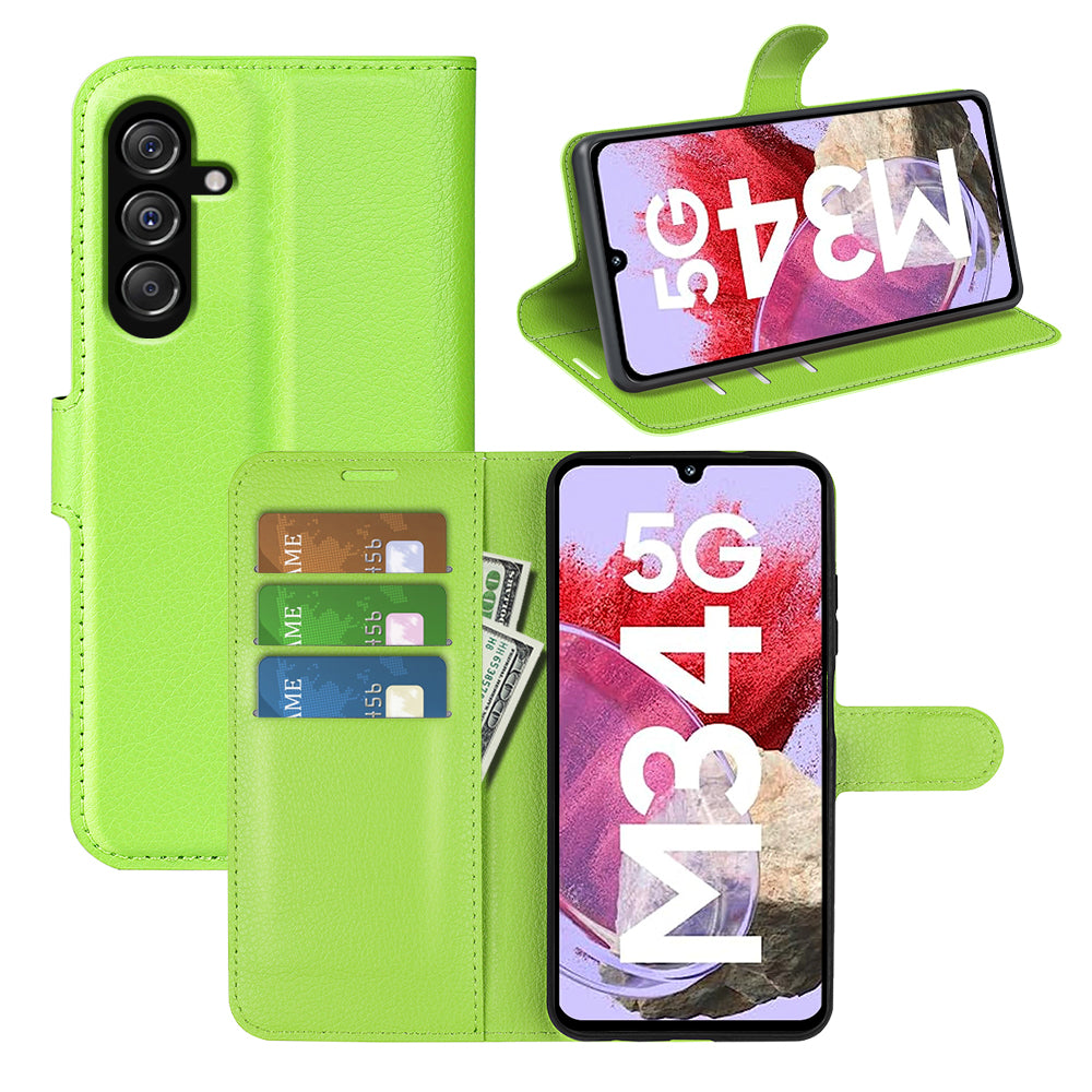 For Samsung Galaxy F34 5G / M34 5G Phone Case Anti-Scratch Stand PU Leather Wallet Litchi Texture Protective Cover - Green