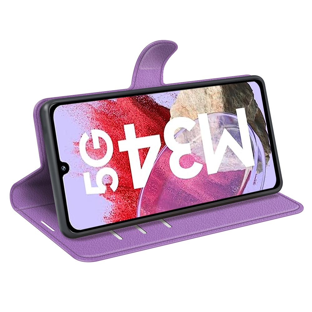 For Samsung Galaxy F34 5G / M34 5G Phone Case Anti-Scratch Stand PU Leather Wallet Litchi Texture Protective Cover - Purple