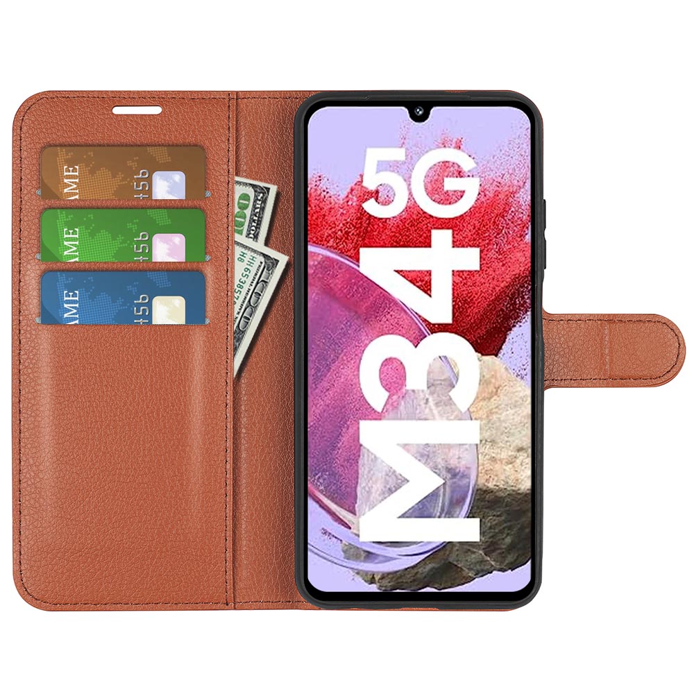 For Samsung Galaxy F34 5G / M34 5G Phone Case Anti-Scratch Stand PU Leather Wallet Litchi Texture Protective Cover - Brown