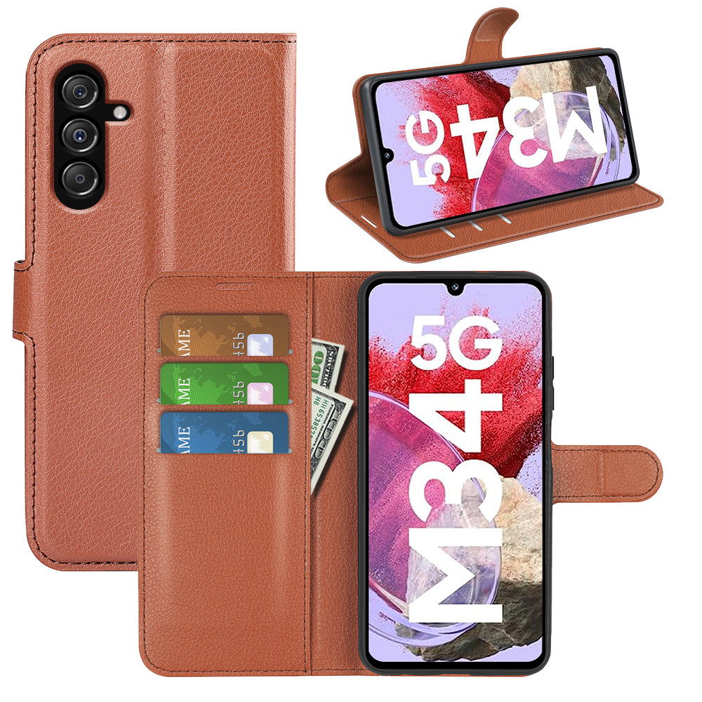 For Samsung Galaxy F34 5G / M34 5G Phone Case Anti-Scratch Stand PU Leather Wallet Litchi Texture Protective Cover - Brown