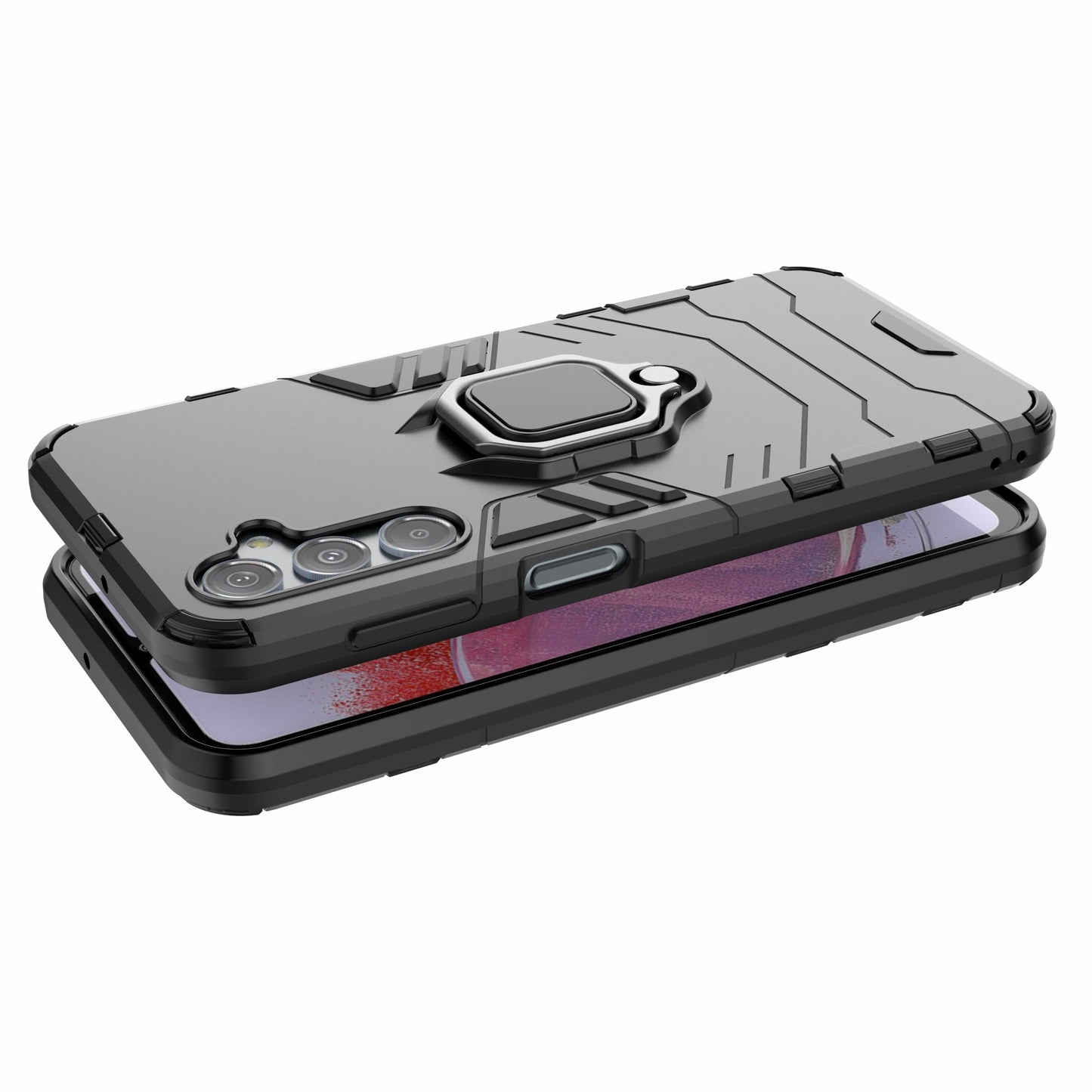 For Samsung Galaxy F34 5G / M34 5G Hard PC Soft TPU Back Cover Rotatable Ring Holder Kickstand Phone Case - Black