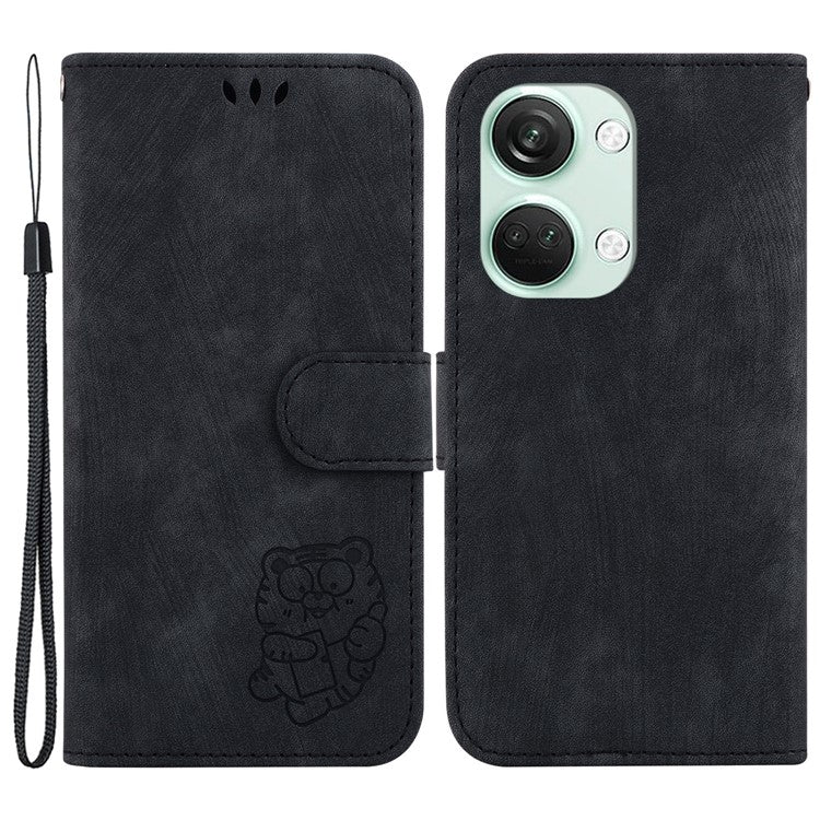 PU Leather Flip Protective Case for OnePlus Nord 3 5G / Ace 2V , Tiger Pattern Imprinted Wallet Stand Phone Cover - Black