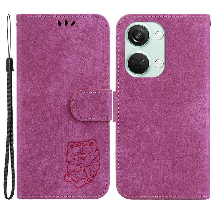 PU Leather Flip Protective Case for OnePlus Nord 3 5G / Ace 2V , Tiger Pattern Imprinted Wallet Stand Phone Cover - Rose