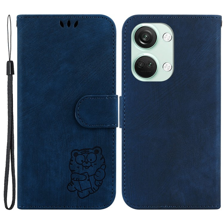 PU Leather Flip Protective Case for OnePlus Nord 3 5G / Ace 2V , Tiger Pattern Imprinted Wallet Stand Phone Cover - Dark Blue