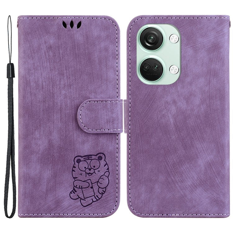 PU Leather Flip Protective Case for OnePlus Nord 3 5G / Ace 2V , Tiger Pattern Imprinted Wallet Stand Phone Cover - Purple
