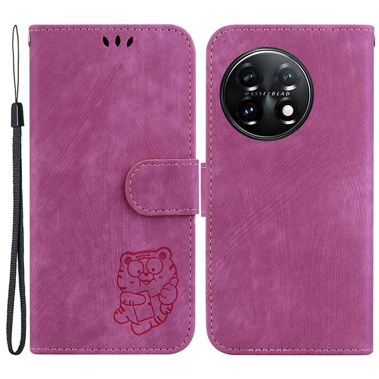 For OnePlus 11 5G PU Leather Folio Flip Case Tiger Pattern Imprinted Stand Wallet Phone Cover - Rose