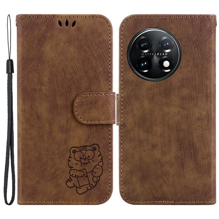 For OnePlus 11 5G PU Leather Folio Flip Case Tiger Pattern Imprinted Stand Wallet Phone Cover - Brown