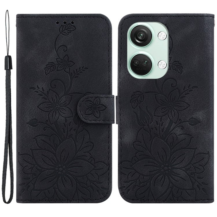 For OnePlus Nord 3 5G / Ace 2V Stand Wallet Phone Case Imprinted Lily Flower Leather Phone Cover - Black