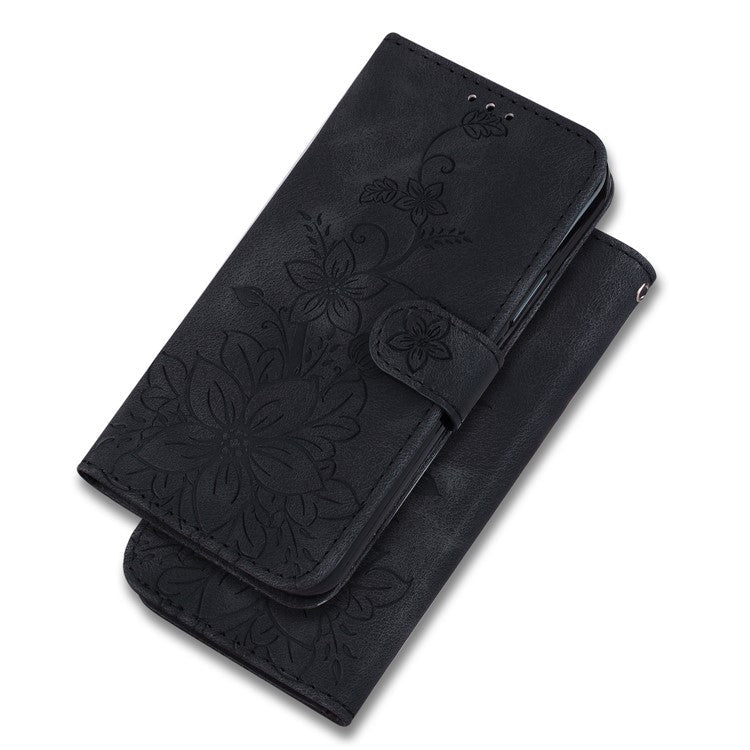 For OnePlus Nord 3 5G / Ace 2V Stand Wallet Phone Case Imprinted Lily Flower Leather Phone Cover - Black