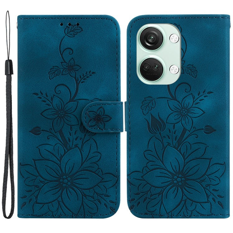 For OnePlus Nord 3 5G / Ace 2V Stand Wallet Phone Case Imprinted Lily Flower Leather Phone Cover - Dark Blue