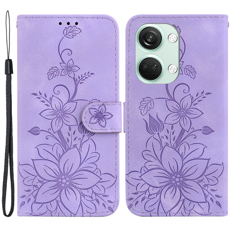 For OnePlus Nord 3 5G / Ace 2V Stand Wallet Phone Case Imprinted Lily Flower Leather Phone Cover - Purple