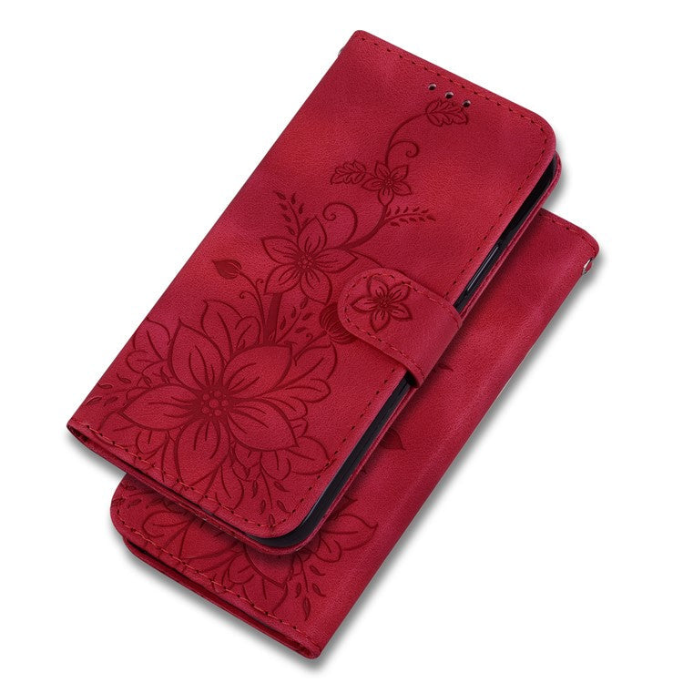 For OnePlus Nord 3 5G / Ace 2V Stand Wallet Phone Case Imprinted Lily Flower Leather Phone Cover - Red