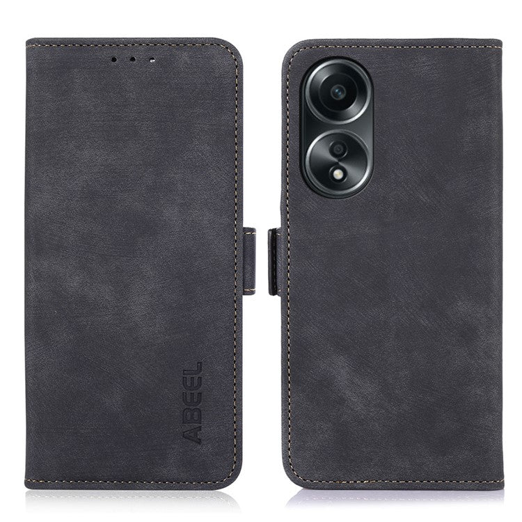 ABEEL For Oppo A58 4G Anti-Scratch Smartphone Case Retro Texture Anti-drop Cover Wallet Stand PU Leather Phone Shell - Black