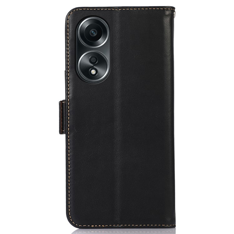RFID Blocking Phone Cover for Oppo A58 4G , Wallet Stand Genuine Cow Leather Phone Case - Black