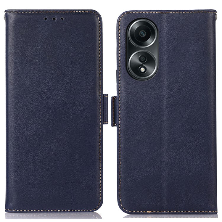 RFID Blocking Phone Cover for Oppo A58 4G , Wallet Stand Genuine Cow Leather Phone Case - Blue