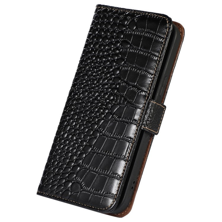 RFID Blocking Wallet Case for Oppo A58 4G , Genuine Cow Leather Stand Phone Cover - Black