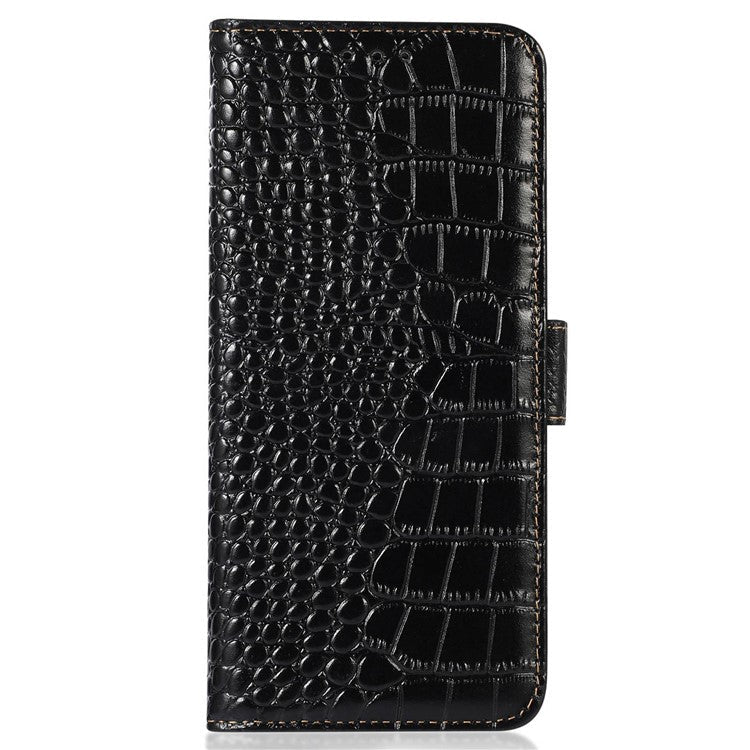 RFID Blocking Wallet Case for Oppo A58 4G , Genuine Cow Leather Stand Phone Cover - Black