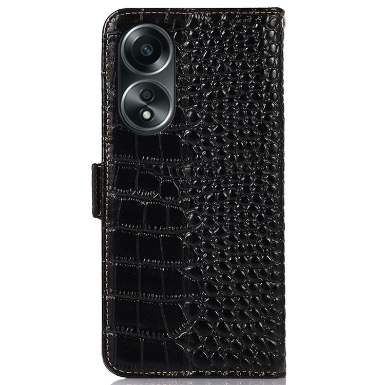 RFID Blocking Wallet Case for Oppo A58 4G , Genuine Cow Leather Stand Phone Cover - Black