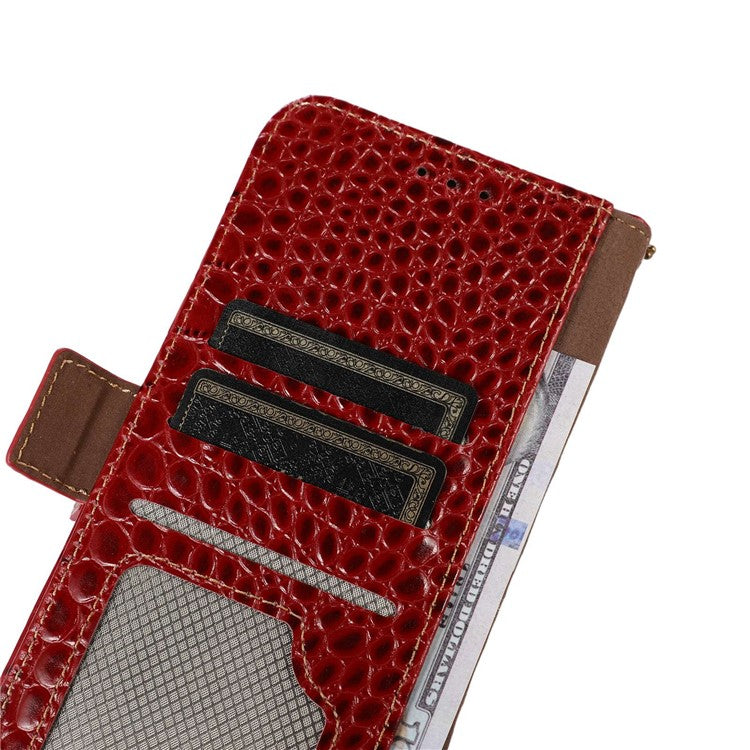 RFID Blocking Wallet Case for Oppo A58 4G , Genuine Cow Leather Stand Phone Cover - Red