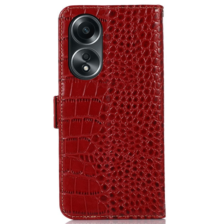 RFID Blocking Wallet Case for Oppo A58 4G , Genuine Cow Leather Stand Phone Cover - Red