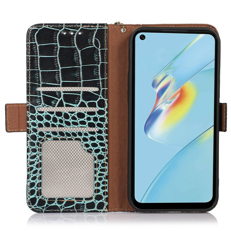 RFID Blocking Wallet Case for Oppo A58 4G , Genuine Cow Leather Stand Phone Cover - Green