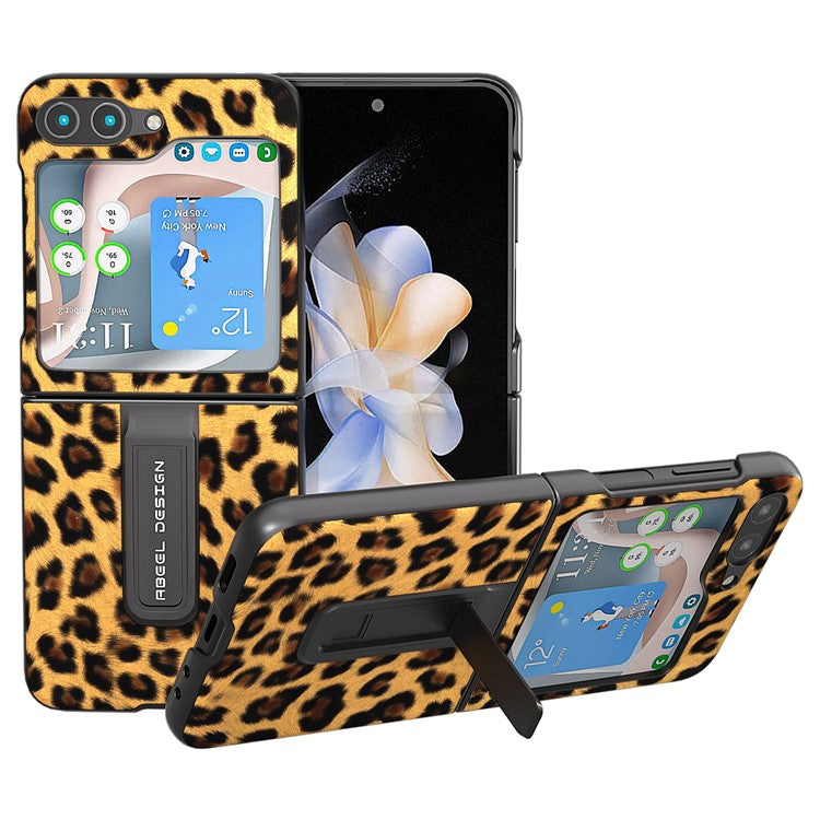 ABEEL For Samsung Galaxy Z Flip5 5G PU Leather+PC Kickstand Cover Leopard Pattern Phone Case - Gold