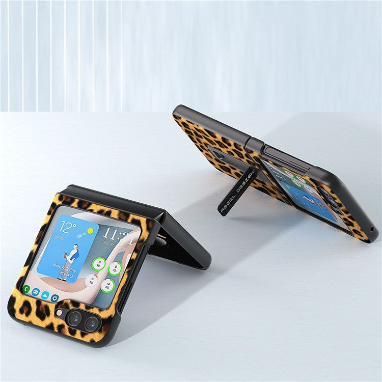 ABEEL For Samsung Galaxy Z Flip5 5G PU Leather+PC Kickstand Cover Leopard Pattern Phone Case - Gold