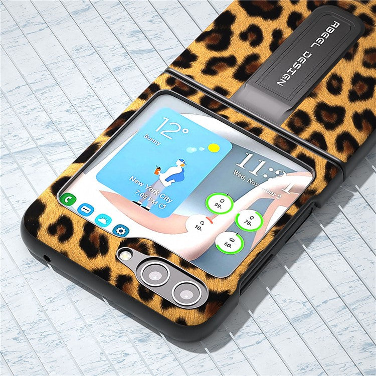 ABEEL For Samsung Galaxy Z Flip5 5G PU Leather+PC Kickstand Cover Leopard Pattern Phone Case - Gold