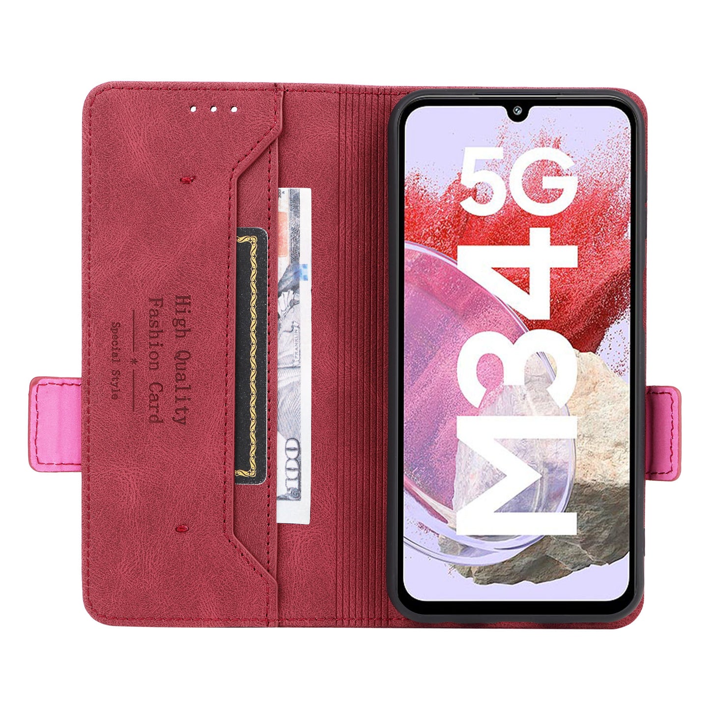 For Samsung Galaxy F34 5G / M34 5G PU Leather Wallet Phone Case Hardware Decor Anti-drop Stand Cover - Rose