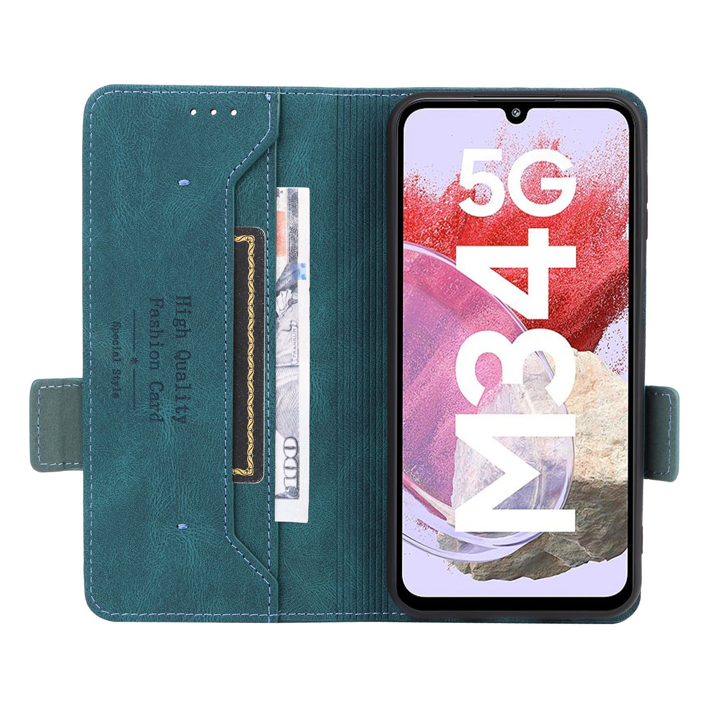 For Samsung Galaxy F34 5G / M34 5G PU Leather Wallet Phone Case Hardware Decor Anti-drop Stand Cover - Blue