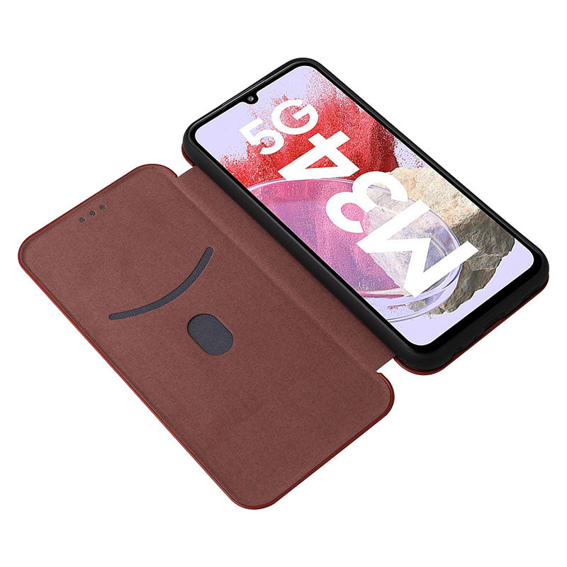 For Samsung Galaxy F34 5G / M34 5G PU Leather Case Carbon Fiber Texture Card Holder Phone Stand Cover - Brown