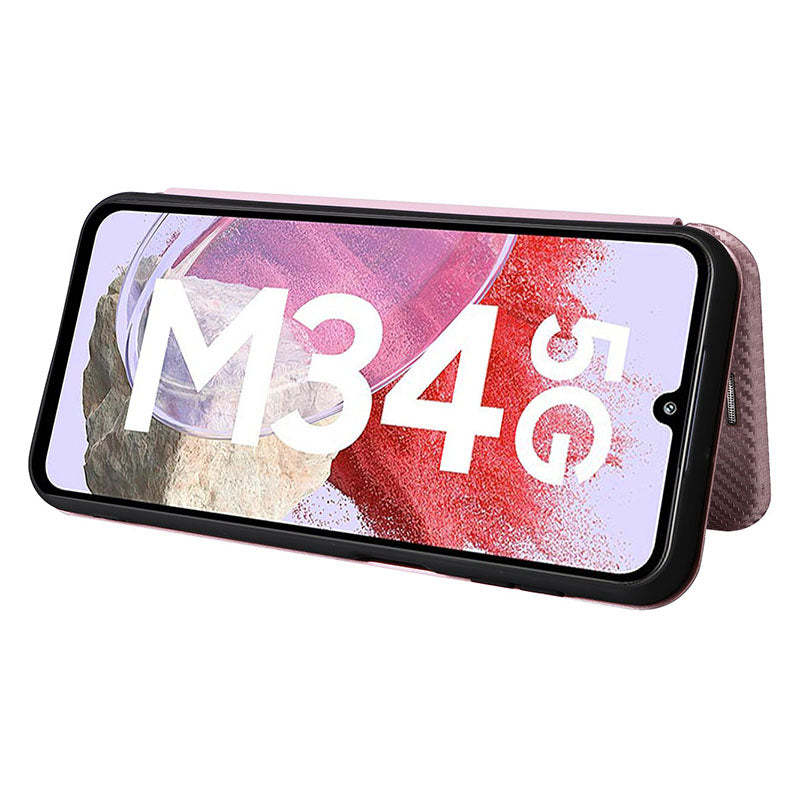 For Samsung Galaxy F34 5G / M34 5G PU Leather Case Carbon Fiber Texture Card Holder Phone Stand Cover - Rose Gold