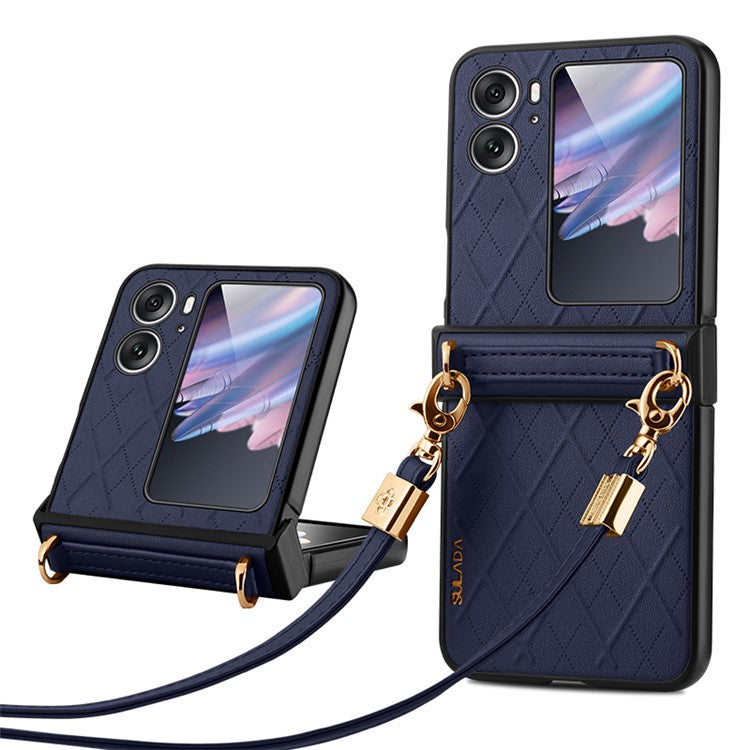 SULADA For Oppo Find N2 Flip 5G Folding Phone Case Imprinted Leather Coated PC Cover with Shoulder Strap - Sapphire