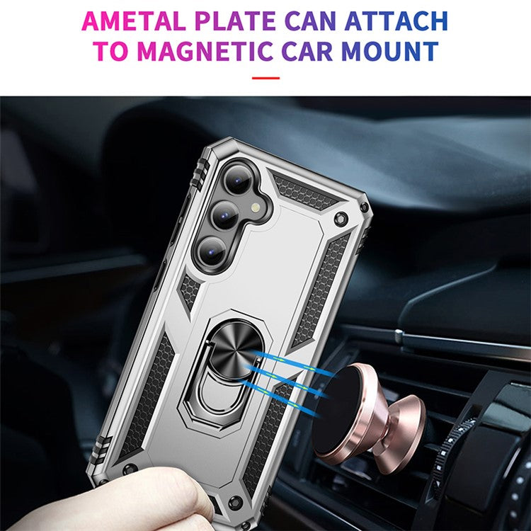 Phone Case for Samsung Galaxy S23 FE Ring Kickstand Anti-fall TPU+PC Cover with Car Mount Metal Sheet - Silver