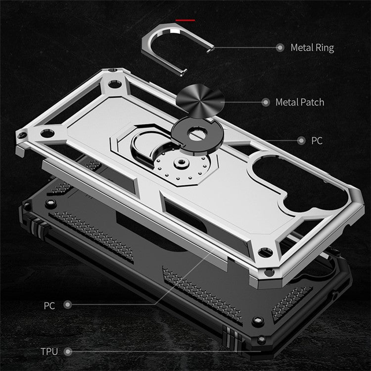 Phone Case for Samsung Galaxy S23 FE Ring Kickstand Anti-fall TPU+PC Cover with Car Mount Metal Sheet - Silver