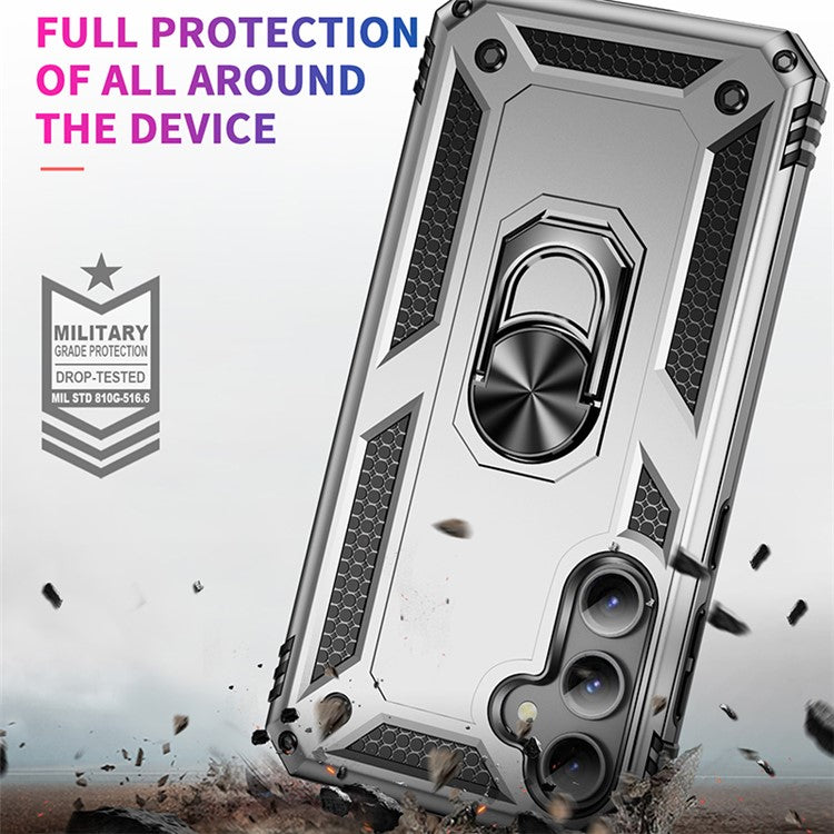Phone Case for Samsung Galaxy S23 FE Ring Kickstand Anti-fall TPU+PC Cover with Car Mount Metal Sheet - Silver