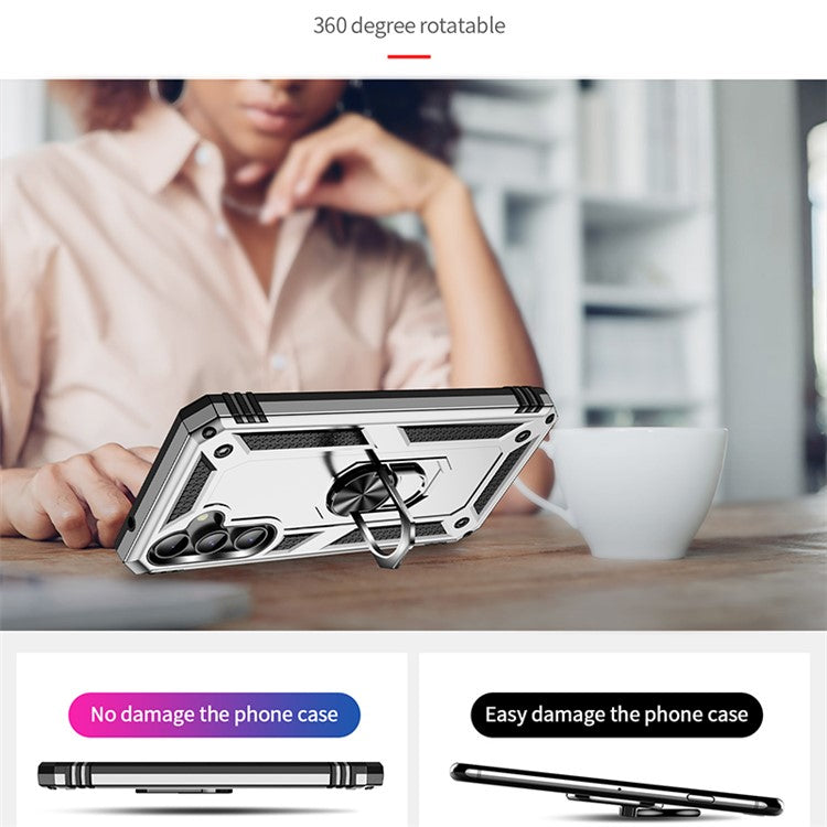 Phone Case for Samsung Galaxy S23 FE Ring Kickstand Anti-fall TPU+PC Cover with Car Mount Metal Sheet - Silver