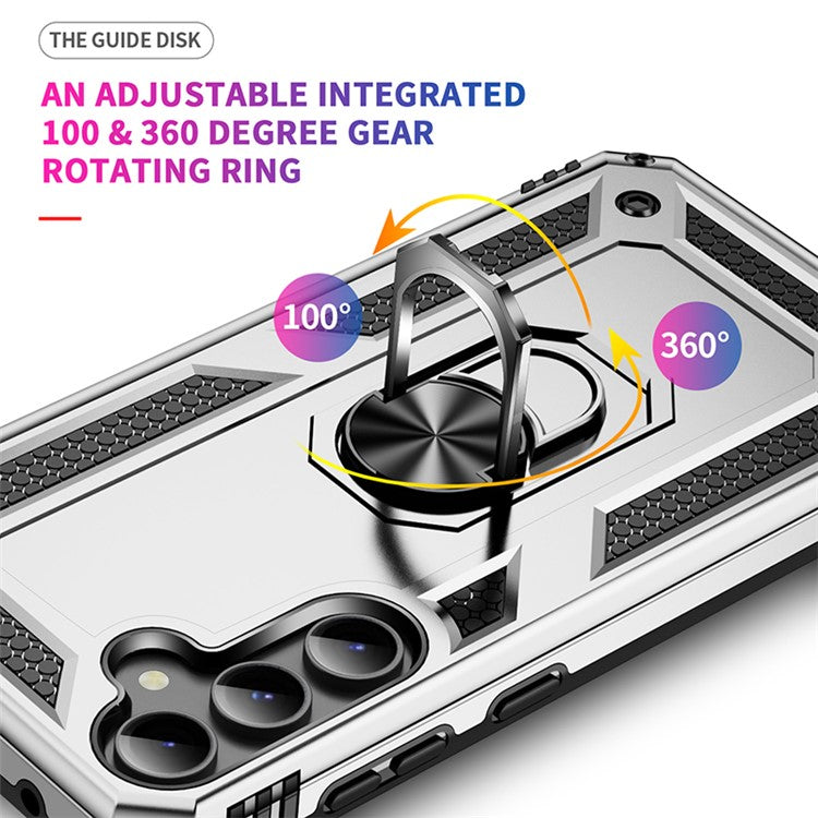 Phone Case for Samsung Galaxy S23 FE Ring Kickstand Anti-fall TPU+PC Cover with Car Mount Metal Sheet - Silver