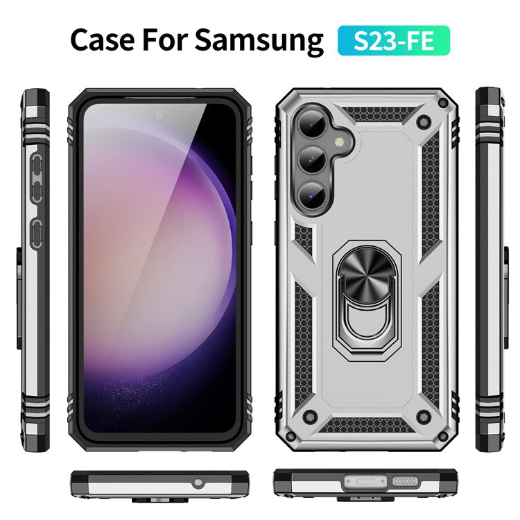 Phone Case for Samsung Galaxy S23 FE Ring Kickstand Anti-fall TPU+PC Cover with Car Mount Metal Sheet - Silver