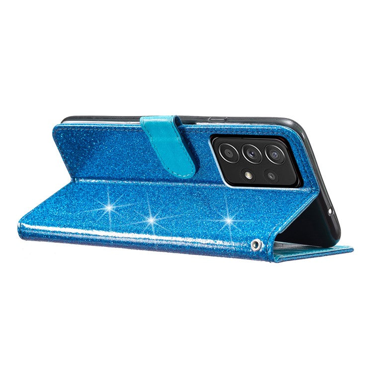 For Samsung Galaxy A73 5G Glittery PU Leather Case Full Protection Wallet Stand Phone Cover - Blue