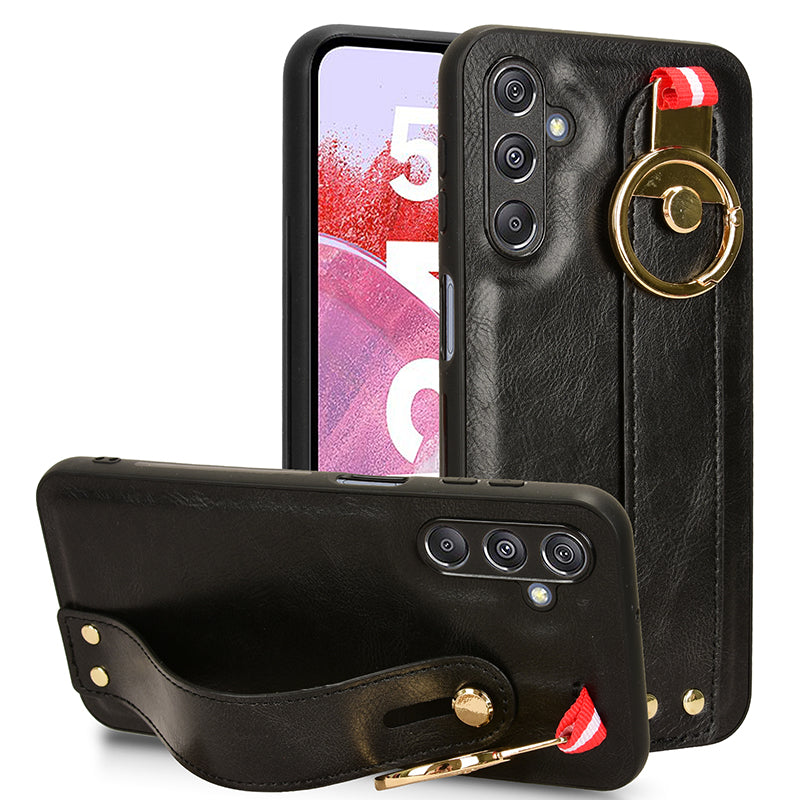 For Samsung Galaxy M34 5G / F34 5G Phone Case Wristband Kickstand Bottle Opener Leather+PC+TPU Cover - Black
