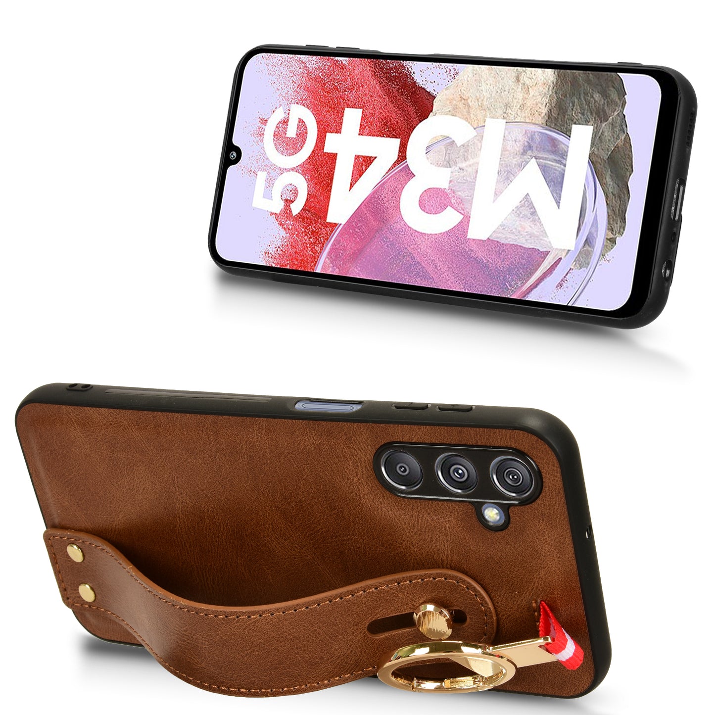 For Samsung Galaxy M34 5G / F34 5G Phone Case Wristband Kickstand Bottle Opener Leather+PC+TPU Cover - Brown