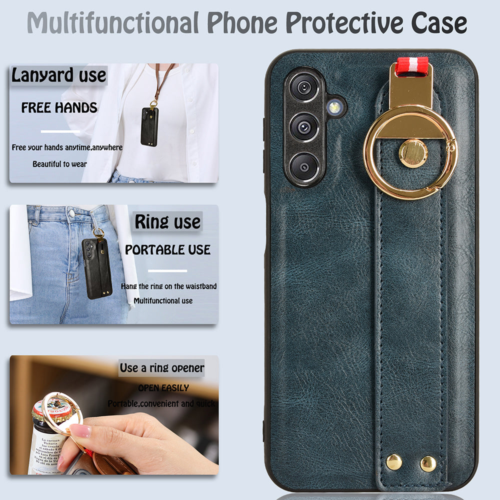 For Samsung Galaxy M34 5G / F34 5G Phone Case Wristband Kickstand Bottle Opener Leather+PC+TPU Cover - Blue