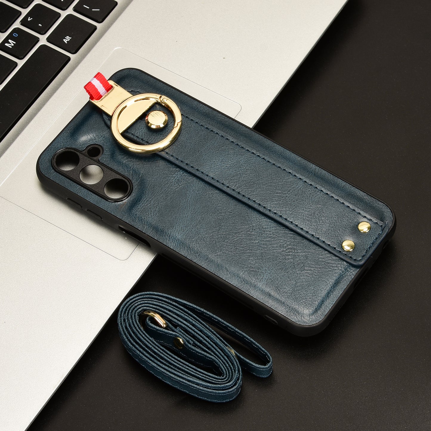 For Samsung Galaxy M34 5G / F34 5G Phone Case Wristband Kickstand Bottle Opener Leather+PC+TPU Cover - Blue