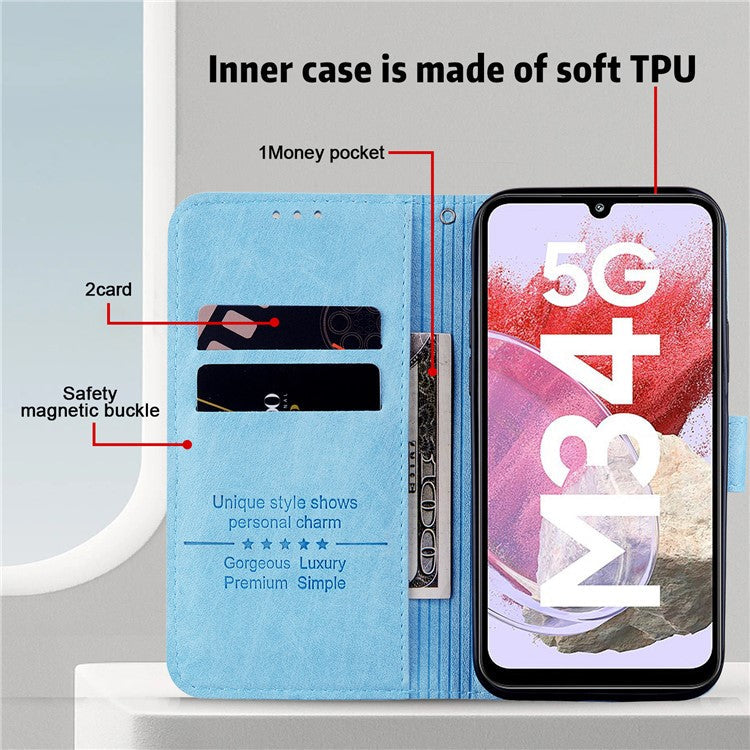 For Samsung Galaxy A34 5G Full Protection Solid Color PU Leather Wallet Case Cell Phone Stand Cover - Baby Blue
