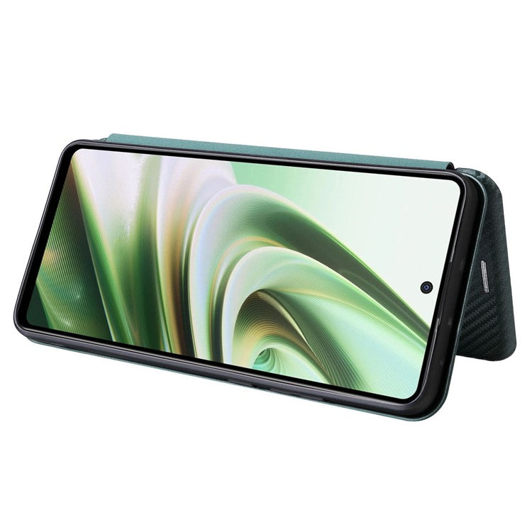 For OnePlus Nord CE3 5G Mobile Phone Case Card Holder Leather Stand Carbon Fiber Texture Cover - Green