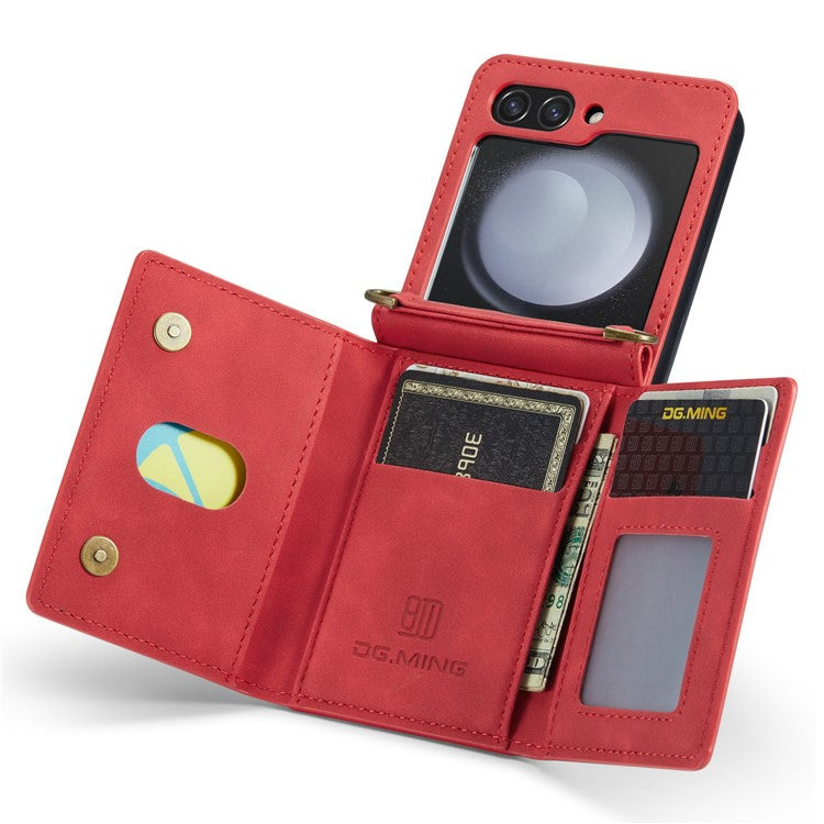 DG.MING M2 Series for Samsung Galaxy Z Flip5 5G Leather Coated+PC Phone Case Magnetic Kickstand Cover Card Holder - Red